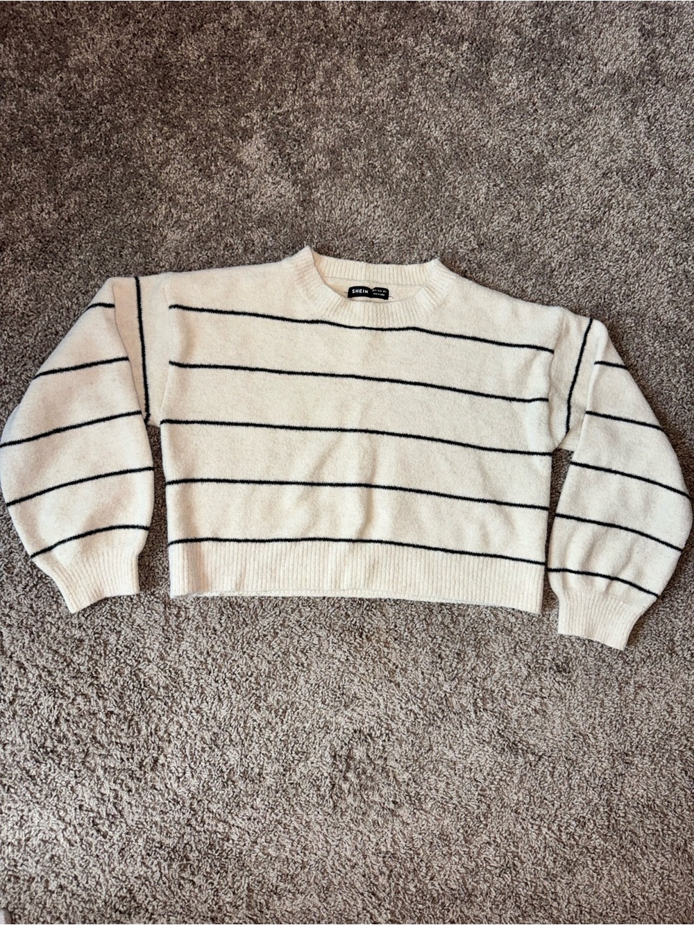 Women’s Medium SHEIN Striped Crewneck Cropped Sweater - Cream with Black Stripes